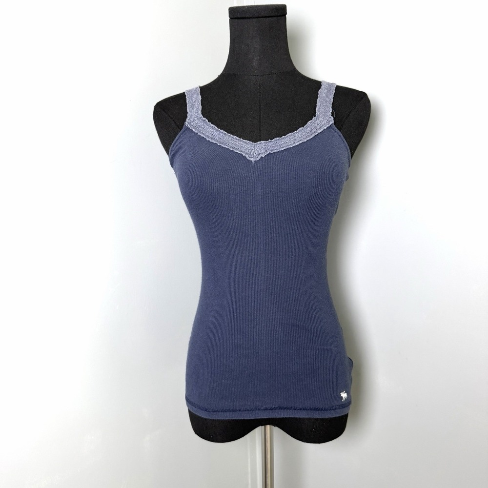 VINTAGE Abercrombie Navy Crochet Trim V-neck Fitted Ribbed Babydoll Tank Top L
